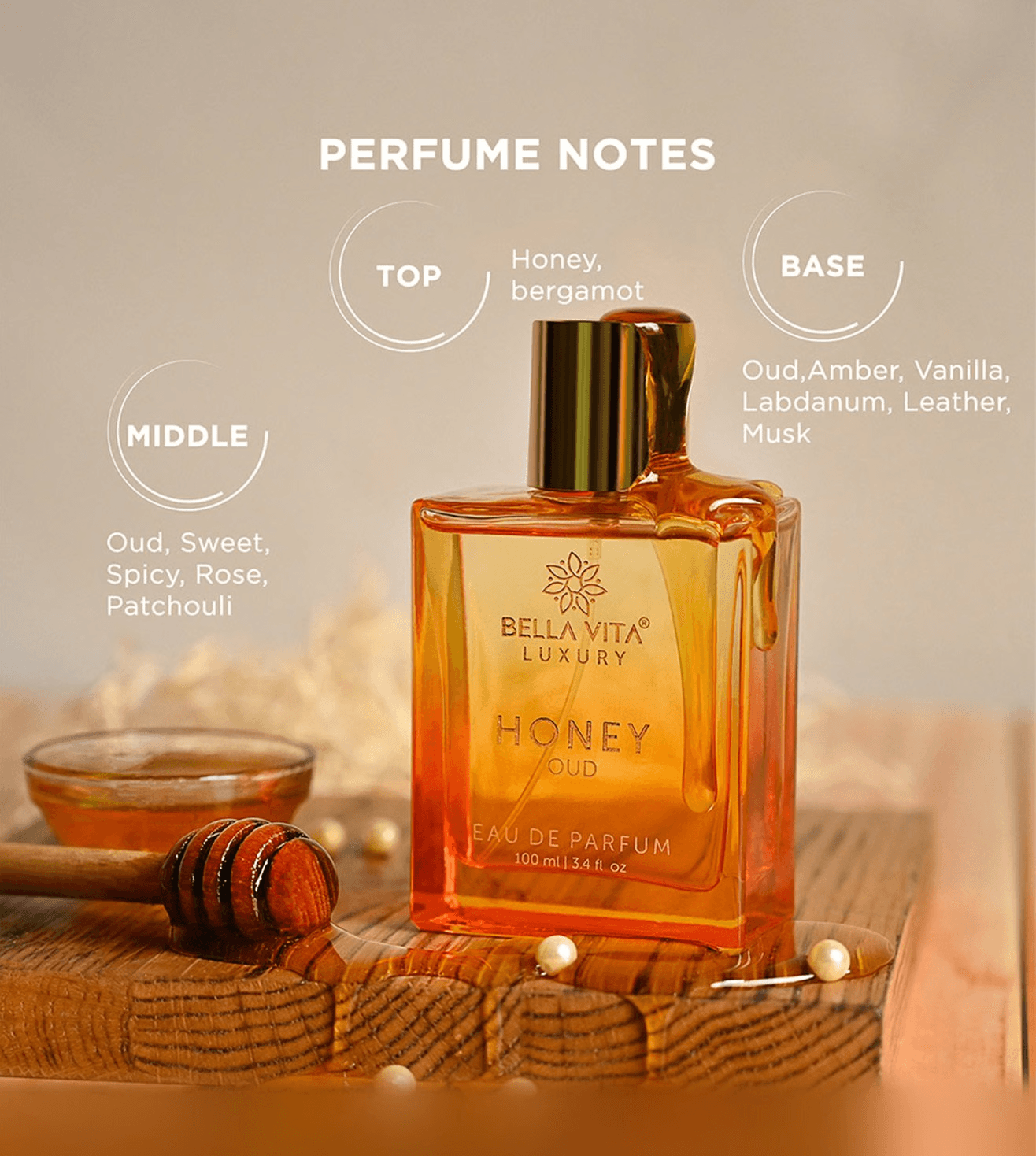 Bella Vita Luxury Honey Oud Unisex Eau De Parfum, 100ml – A Sweet and Spicy Indulgence