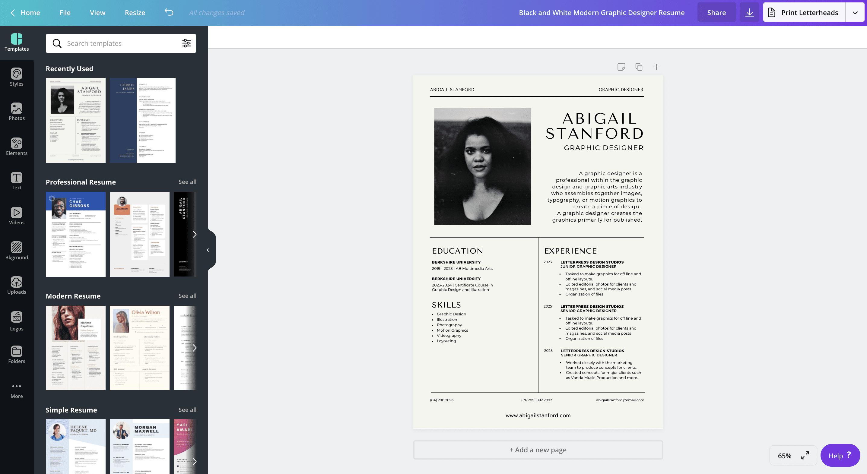 Canva: Beautifully Designed Resumes with AI Assistance